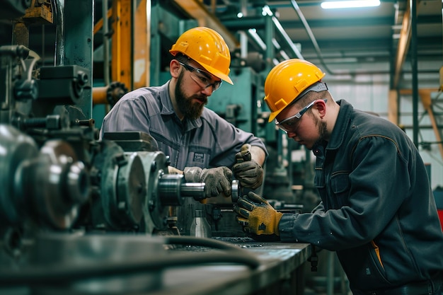 Metal worker teaching trainee on machine use