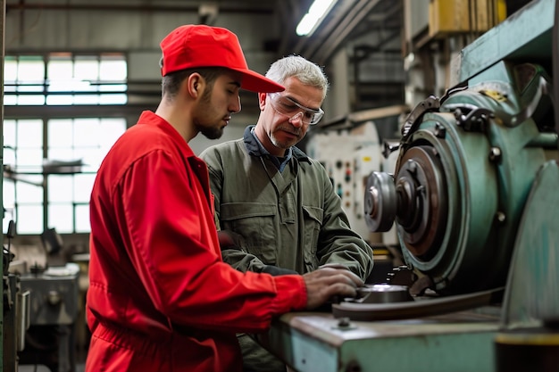 Metal worker teaching trainee on machine use