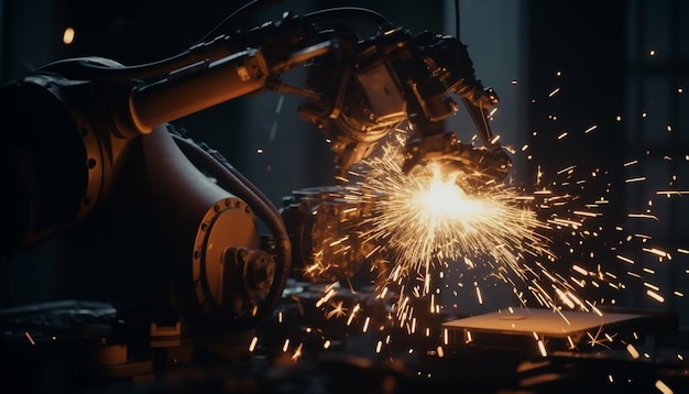 Metal workers welding steel in industrial factory generated by AI