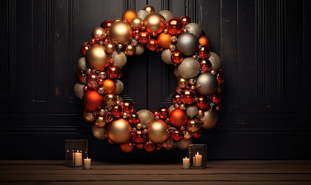 a metal wreath next to a wooden door with gold holiday decorations in the style of night