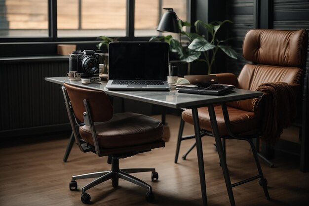 Metalen bureau met laptop en stoel