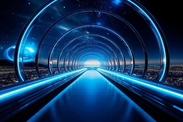 Metalen en ijzeren structuur in tunnel- of gangstijl met futuristisch neonlicht