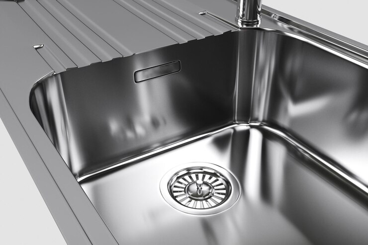 Metalen gootsteen aanrecht close-up Afvoer water met een rooster in een glanzende roestvrijstalen gootsteen 3D render