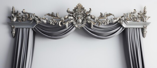 Metalen gordijnstaaf en decoratieve uiteinden op een grijze achtergrond Metalen finialen voor cornices