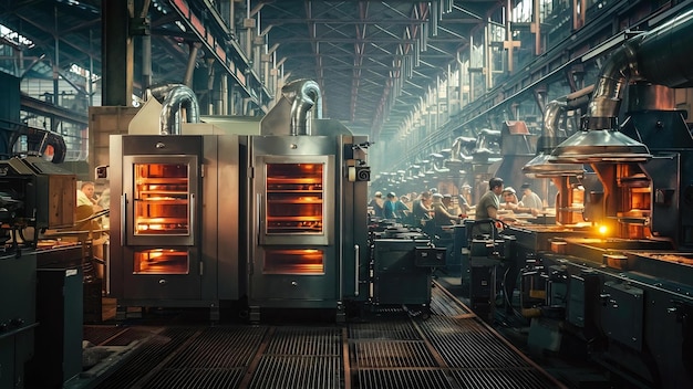Metalen ovens in een grote fabriek met zware apparatuur