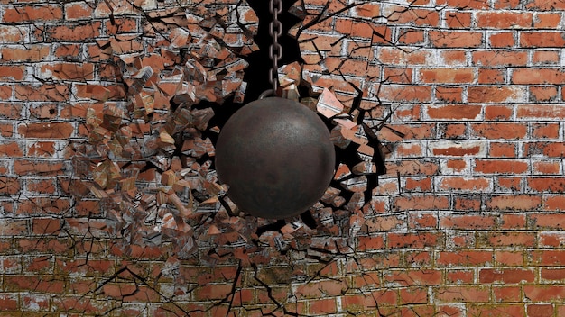 Metalen roestige sloopkogel aan ketting die een oude bakstenen muur verbrijzelt 3D-rendering
