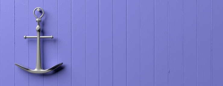 Foto metalen scheepsanker opknoping op blauwe houten muur achtergrond banner kopie ruimte 3d illustratie