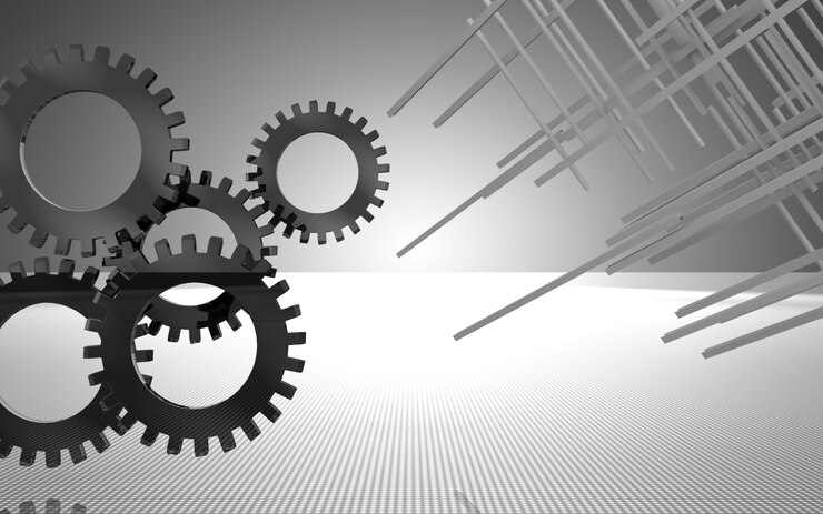 Metalen tandwielen. industrieel begrip. 3d illustratie