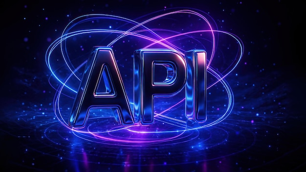 A metalic api text floats surrounded by digital data and lines symbolizes application programming interface with futuristic api programming interaction