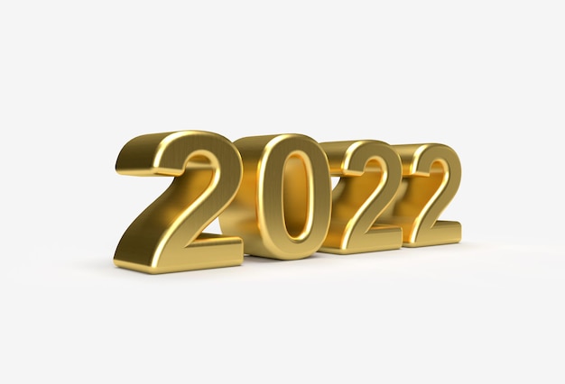 Фото Металлическое золото 2022 новый год 3d визуализации иллюстрации, изолированные на белом фоне, вид в перспективе.