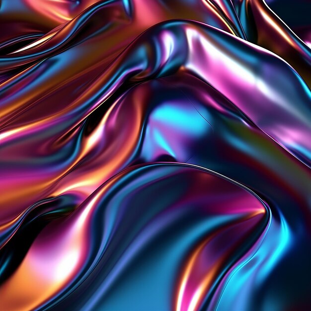 Metallic 3D render of abstract 3D futuristic cyberpunk metallic reflective silk iridescent holographic flow