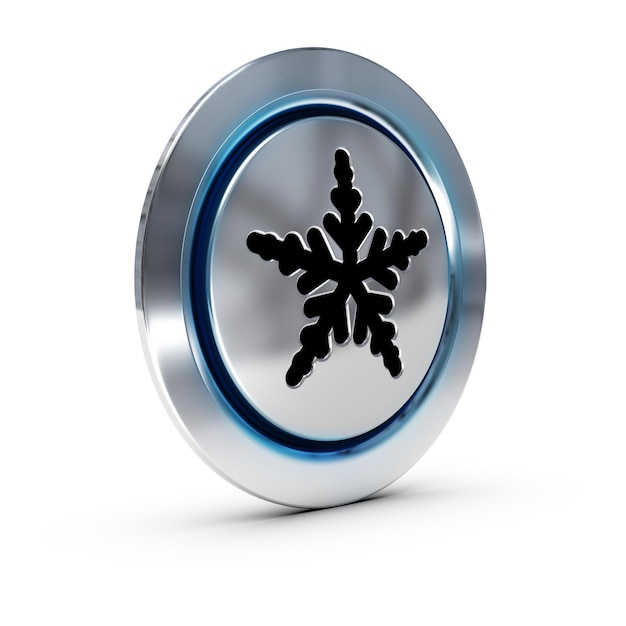 Photo metallic air conditioning button over white background, blue light and flakes symbol