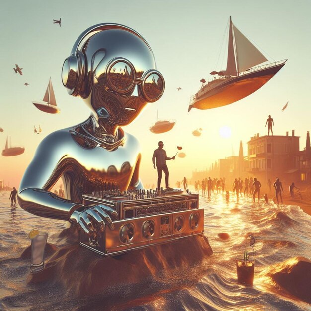 metallic alien deejay hosting a crowded beach party in tropical island at sunset surreal scene