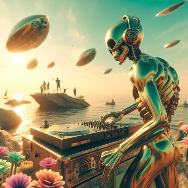 Metallic alien DJ met menselijke schedel draagt een bril koptelefoon DJ van strandfeest op een tropisch eiland