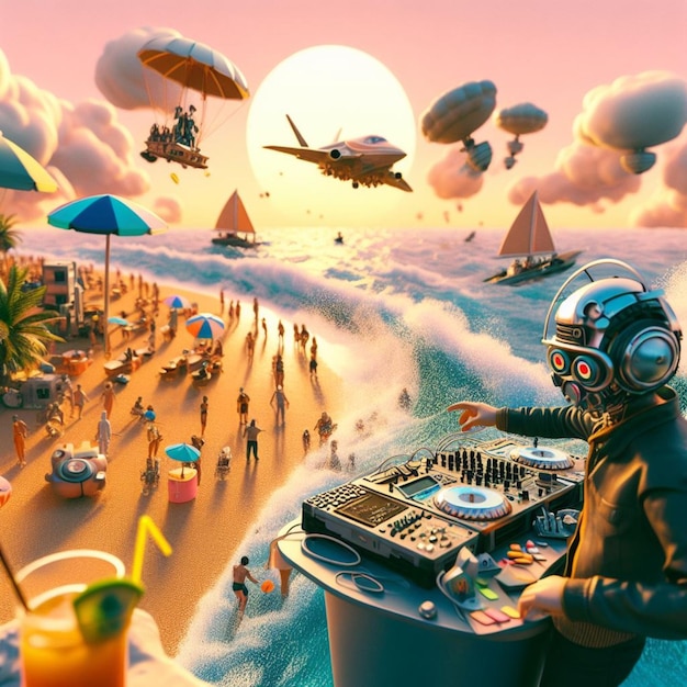 인간 두개골을 가진 금속 외계인 DJ, 안경을 쓰고, 헤드폰, 열대 섬의 해변 파티의 DJ