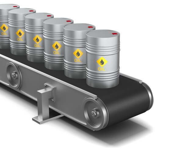 Metallic barrels and conveyor on white background Isolated 3D illustration