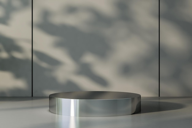日没の壁の背景 3 D レンダリング モックアップで光沢のある表面に金属の空白の丸いスタンド