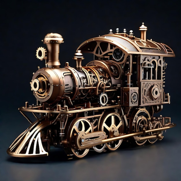 metallic body of a steampunk steam locomotive adorned with intricate gears and pipes AI