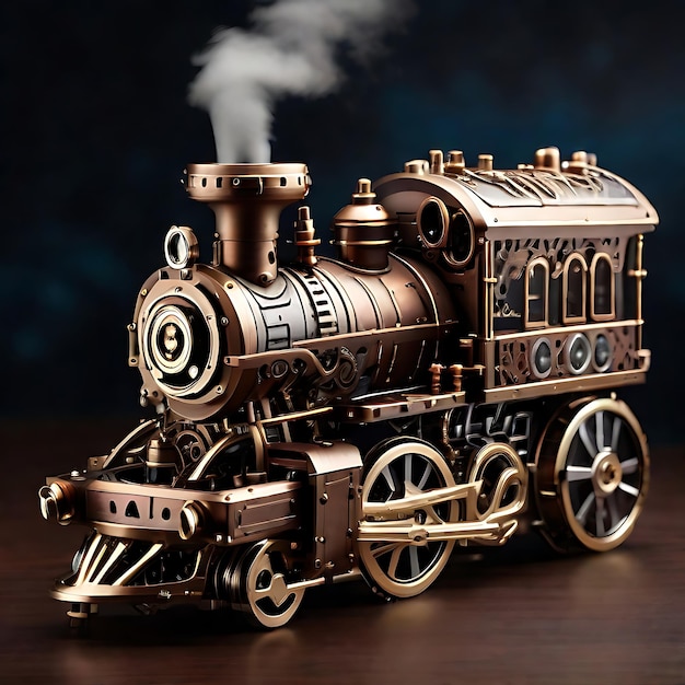 metallic body of a steampunk steam locomotive adorned with intricate gears and pipes AI