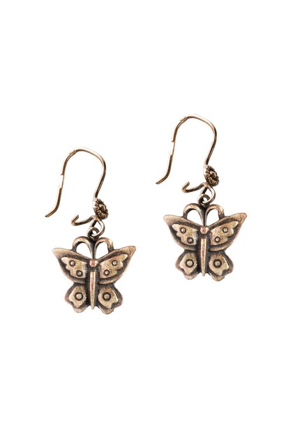 Metallic bronze earrings in the shape of butterflies on white background
