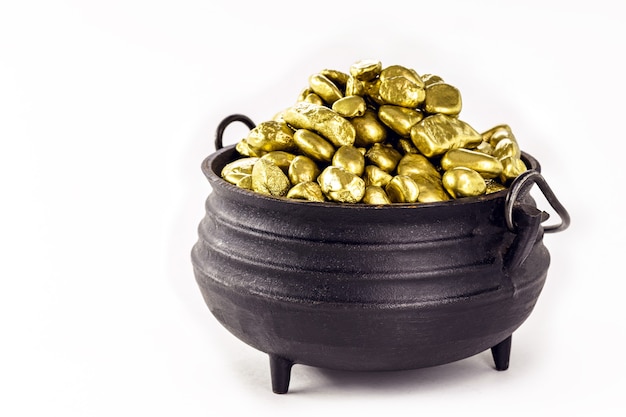 Metallic cauldron with gold, gold nuggets for grand prize,\
treasure or jackpot concept