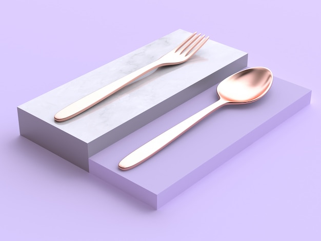 metallic copper fork spoon on square podium abstract minimal 3d rendering