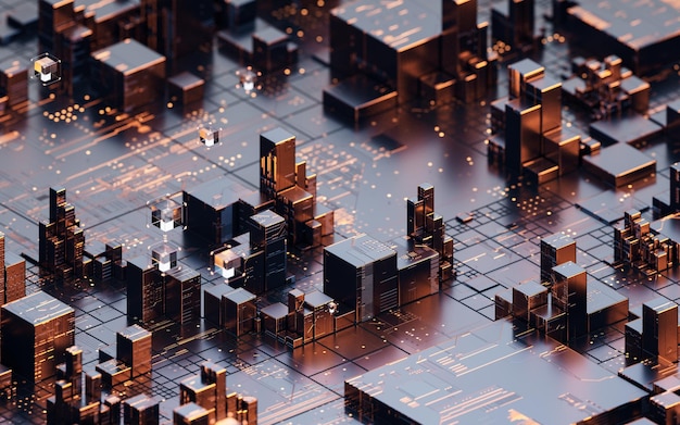 Metallic cube circuit board 3d rendering 3D illustration