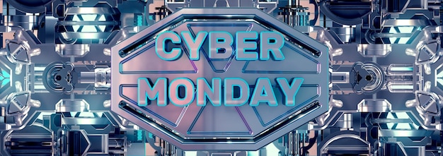 Foto banner metallico del cyber monday e design del timbro per la campagna di elettronica.