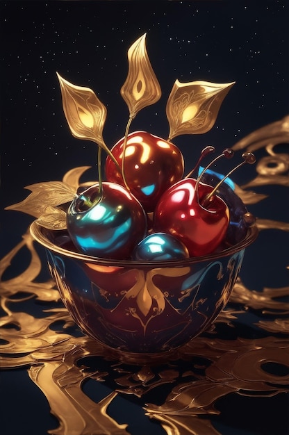 Metallic dipped cherries illustration image generated using AI