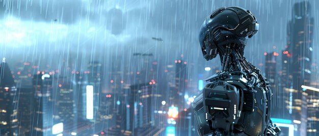 Photo metallic exoskeleton halfhuman halfmachine navigating a futuristic city skyline rain pouring down 3d render backlights chromatic aberration wideangle view