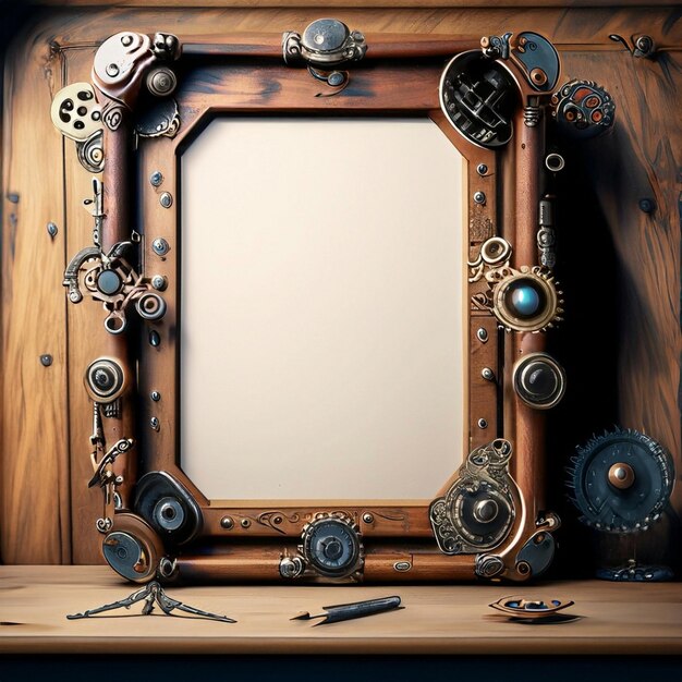 Photo metallic frame with vintage machine gears and cogwheel