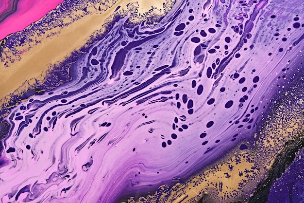 Metallic gold abstraction on purple and pink waves. Fluid Art. Marble effect background or texture