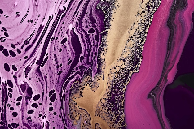 Metallic gold abstraction on purple and pink waves. Fluid Art. Marble effect background or texture