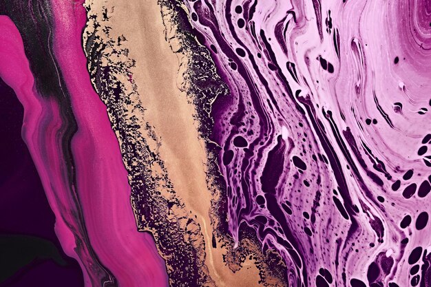 Металлическая золотая абстракция на фиолетовых и розовых волнах Fluid Art Мраморный эффект фона или текстуры