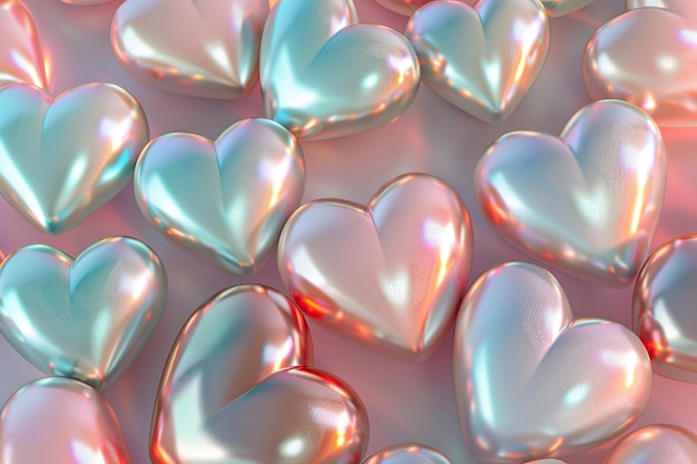 metallic hearts on a reflective metal background