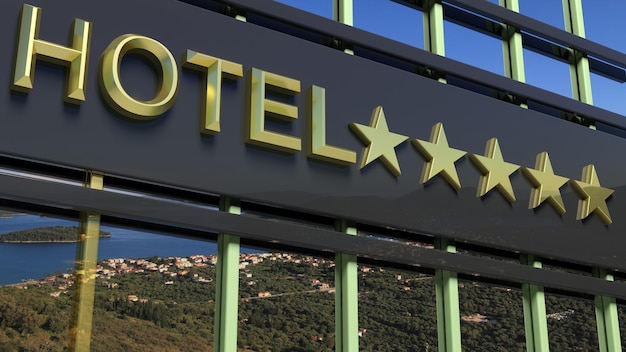 Metallic hotel sign board with five golden stars and island with seascape as background