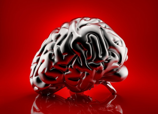 Photo metallic human brain rendered over red background. 3d illustration