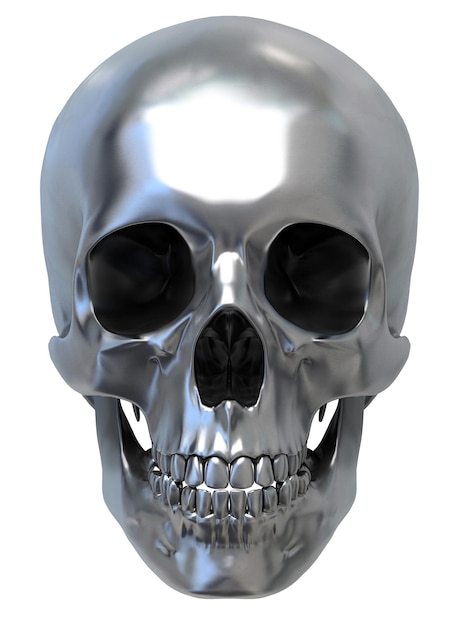 白い背景の正面図に金属の人間の頭蓋骨