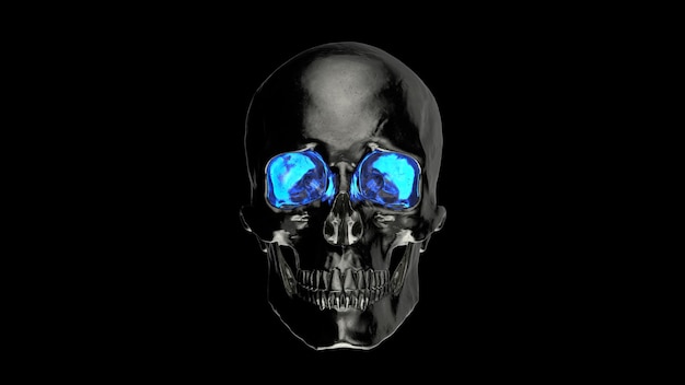 Металлический человеческий череп с голубыми глазами 3D рендеринг