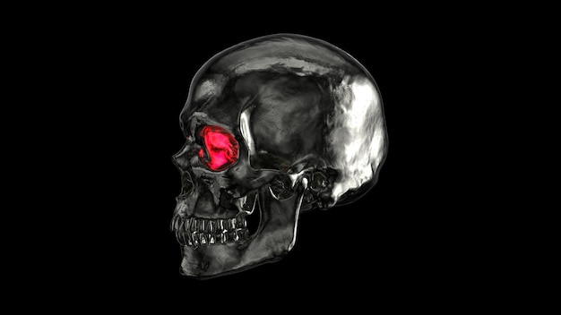 Photo metallic human skull with red eyes 3d render