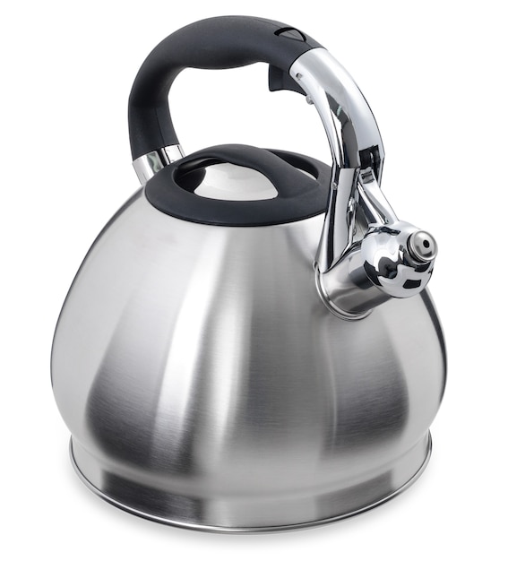 Metallic kettle with whistle isolated on white