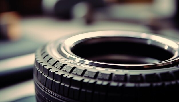 Metallic machinery repairing car wheel in steel workshop with selective focus generated by artificial intelligence