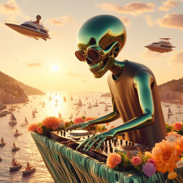 metallic mistical alien in dj set playing music in a crowded beach party in tropical island at sunset