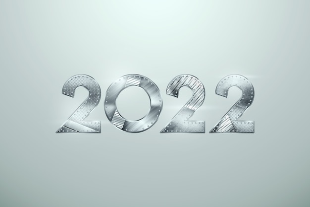 Foto numeri metallici 2022 su sfondo chiaro. buon anno. design moderno, modello, intestazione per il sito, poster, biglietto di capodanno, volantino. illustrazione 3d, rendering 3d.