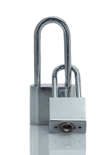 Metallic padlock isolated on white