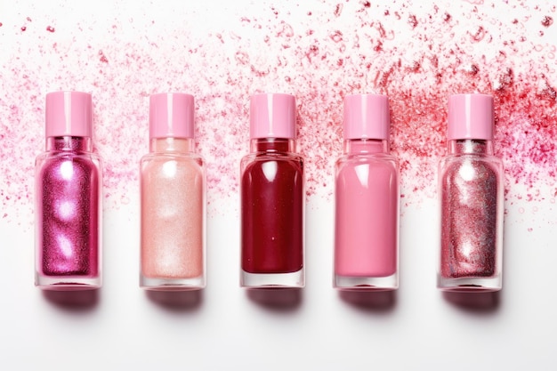 Photo metallic pink nail polish artistically spilled around three open bottles creating a fine art concept