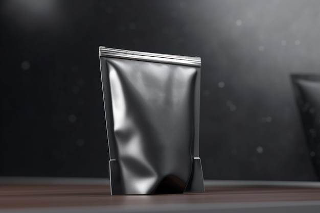 Metallic pouch mockup on dark background Foil food or drink bag packaging package pouch with zipper AI generated image