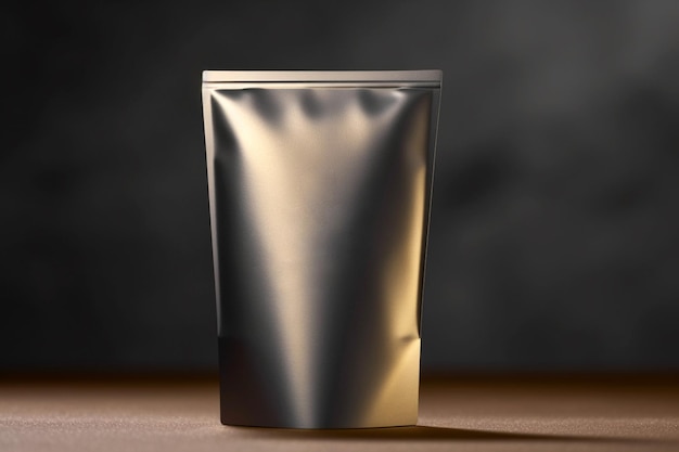 어두운 배경에 있는 금속 파우치 모형 지퍼 AI가 생성한 이미지가 있는 식품 또는 음료 가방 포장 패키지 파우치
