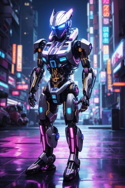 Metallic robot in futuristic cyberpunk background