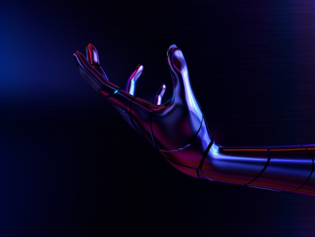 Metallic Robot hand 3D render dark neon lights premium photo